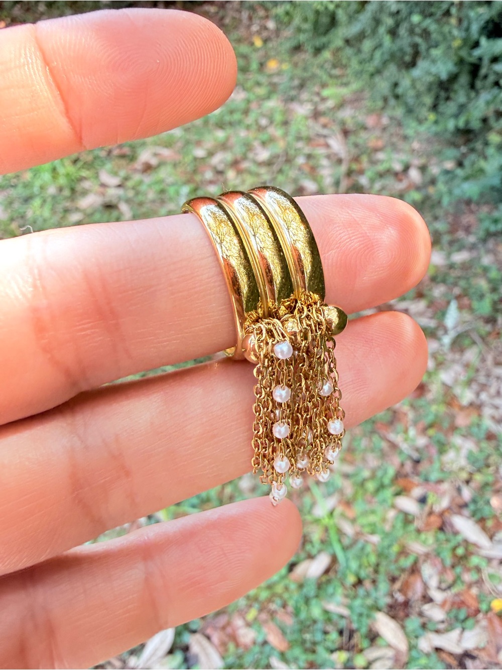 Gold Pearl Tassel Adjustable Band Ring - Picture 4 of 6